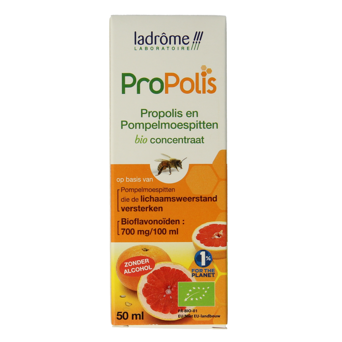 Ladrome Propolis Pompelmoes Pit concentraat bio in 50ml bottle, herbal remedy from Ladrome with natural ingredients.