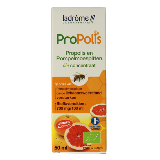 Ladrome Propolis Pompelmoes Pit concentraat bio in 50ml bottle, herbal remedy from Ladrome with natural ingredients.
