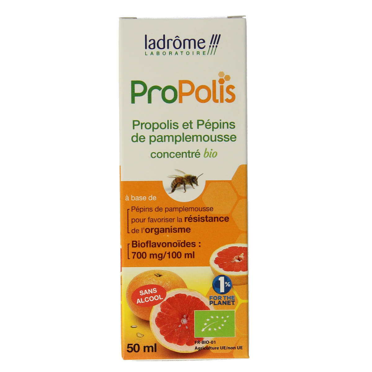 Ladrome Propolis Pompelmoes Pit Concentrate bio in 50ml bottle, herbal supplement with grapefruit and propolis ingredients.