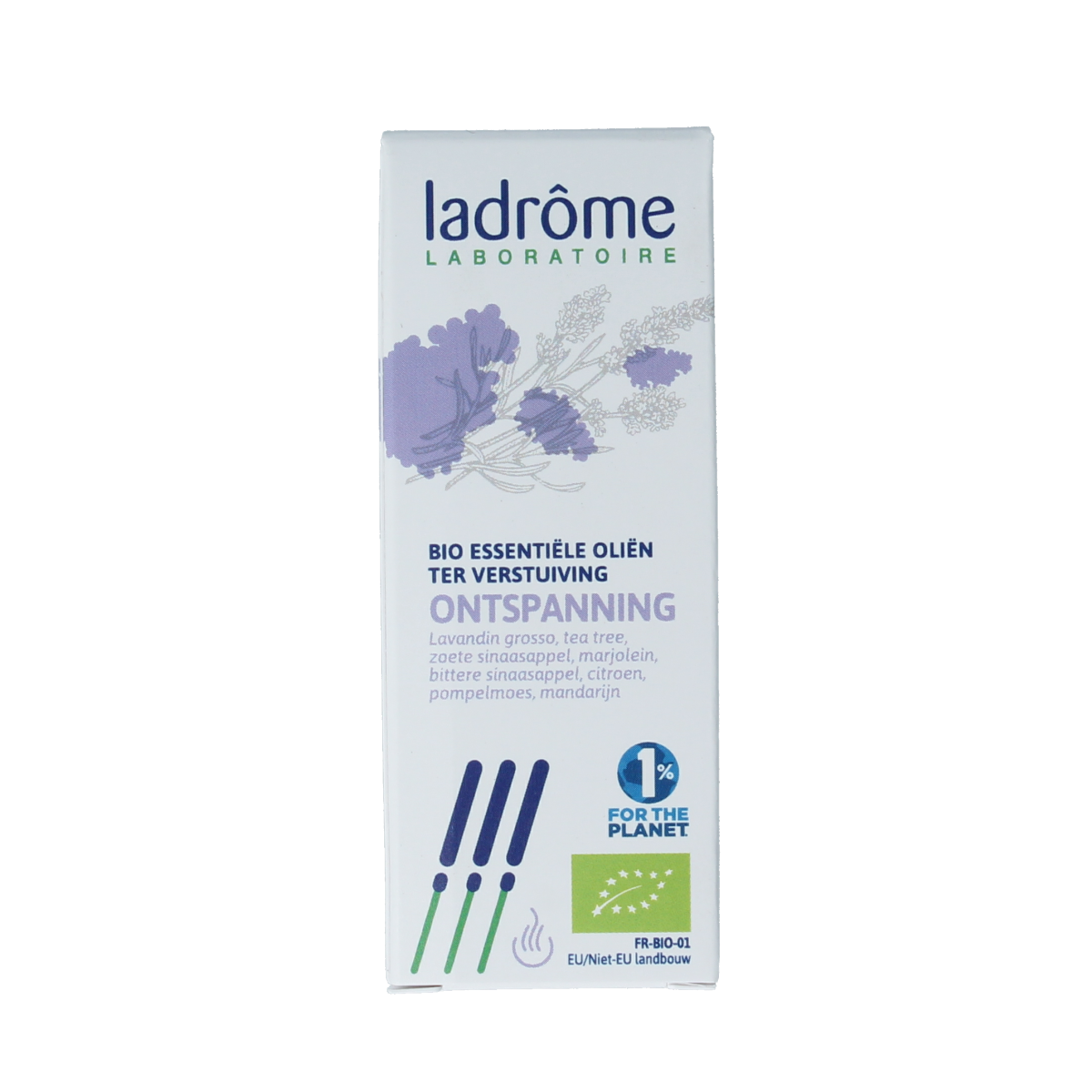 Ladrome ontspannende etherische olie in 10 ml bottle, natural essential oil for relaxation and aromatherapy.