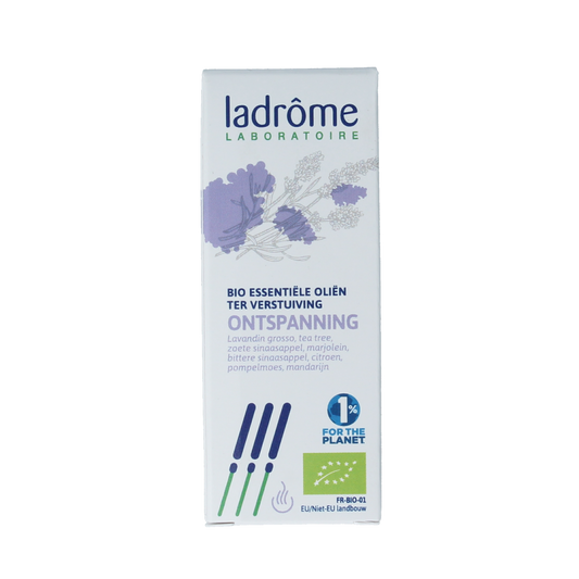 Ladrome ontspannende etherische olie in 10 ml bottle, natural essential oil for relaxation and aromatherapy.