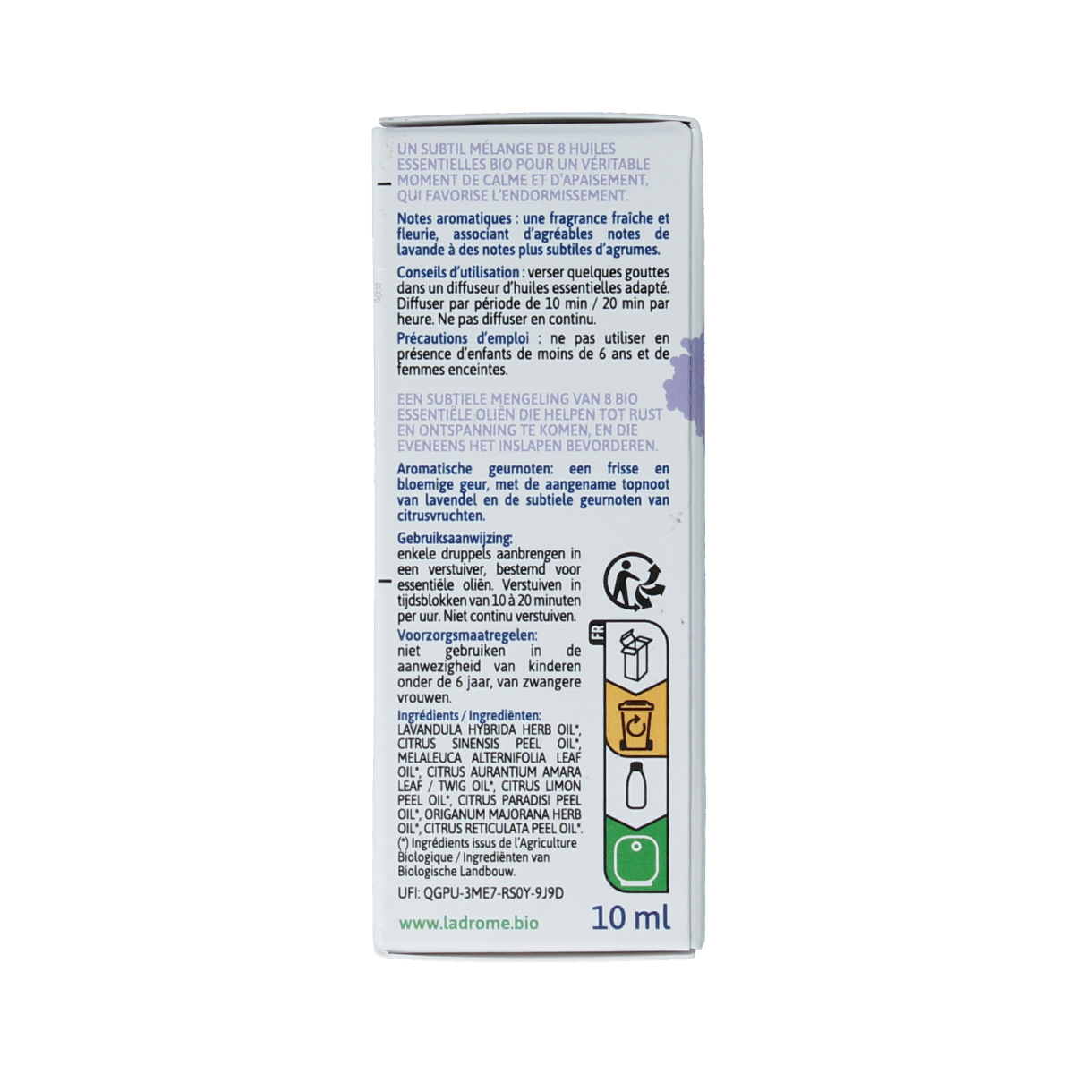 Ladrome ontspanning etherische olie in 10ml bottle, natural essential oil for relaxation and aromatherapy.