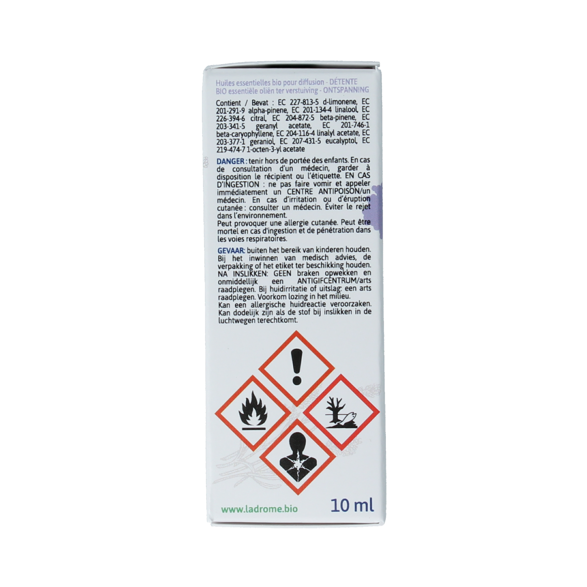 Ladrome Ontspanning etherische olie 10ml in a clear glass bottle with a white cap, used for relaxation and aromatherapy.
