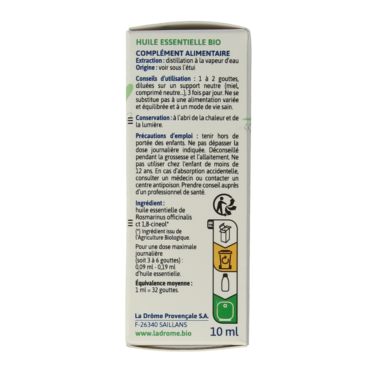 Ladrome Rozemarijn CT cineol bio herbal extract in a 10ml bottle, showcasing the herbal preparation with rosemary leaves and label.