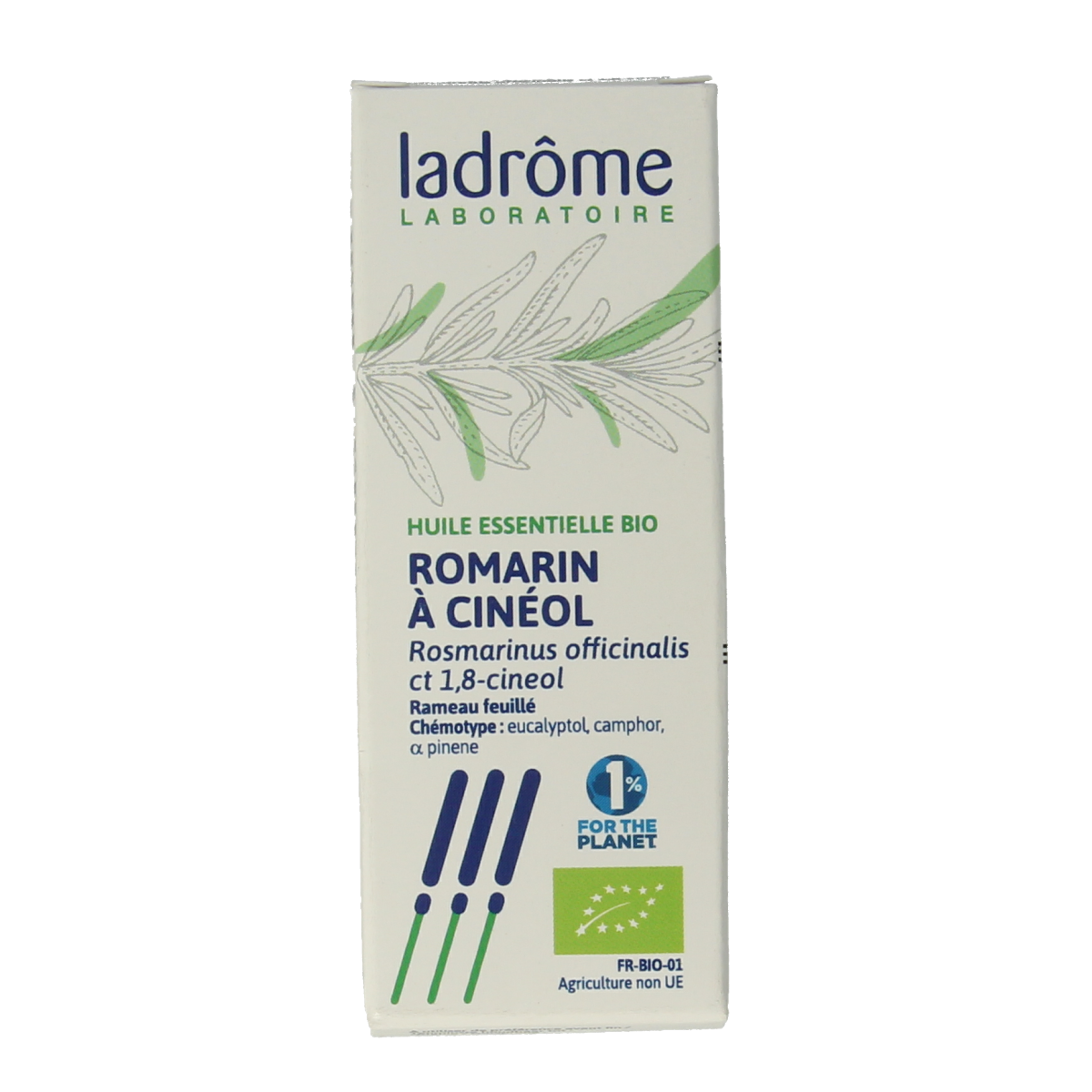 Ladrome Rozemarijn CT cineol bio herbal supplement in a 10ml bottle, used for culinary and aromatic purposes.