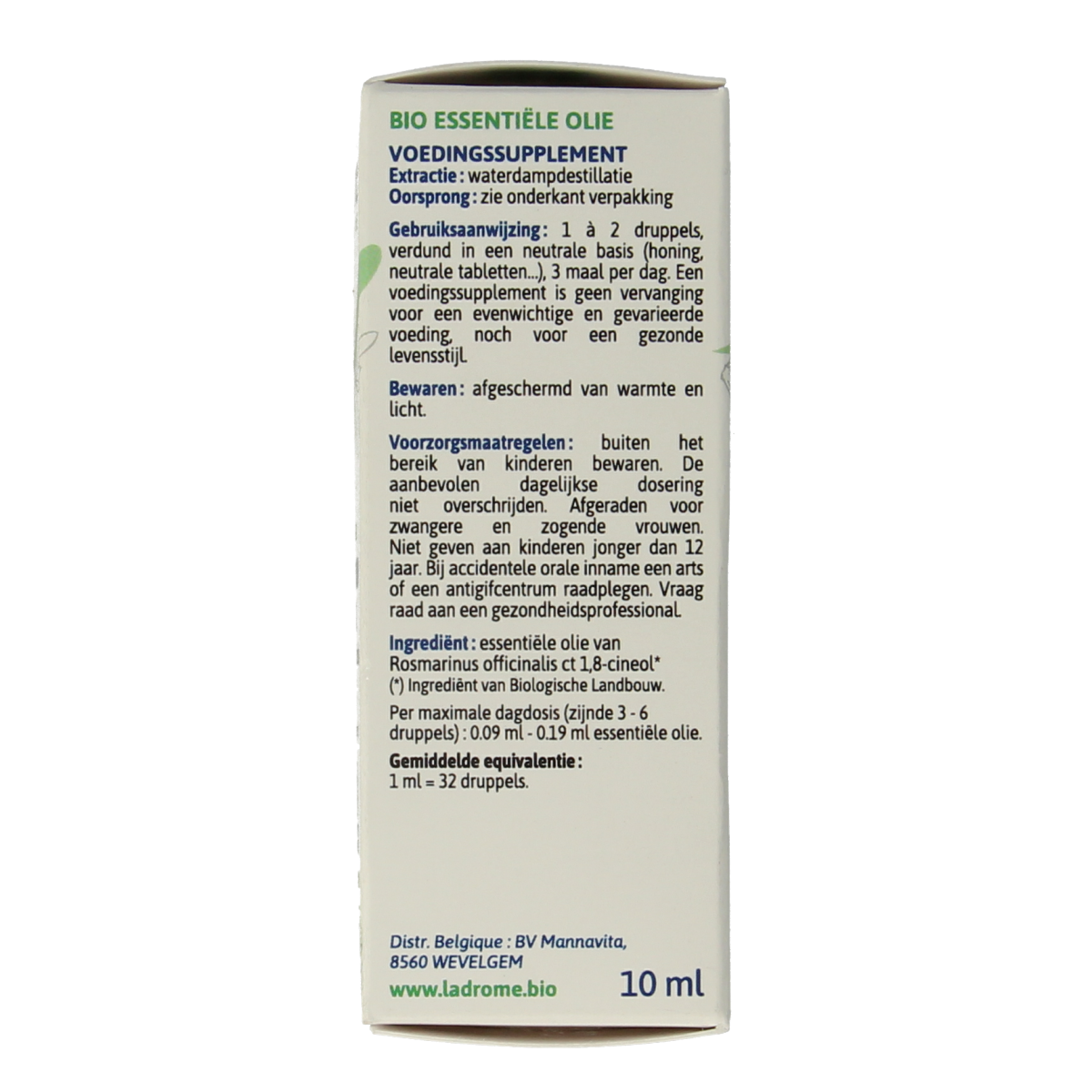 Ladrome Rozemarijn CT cineol bio herbal preparation bottle, 10ml, with rosemary leaves and label showing product details.