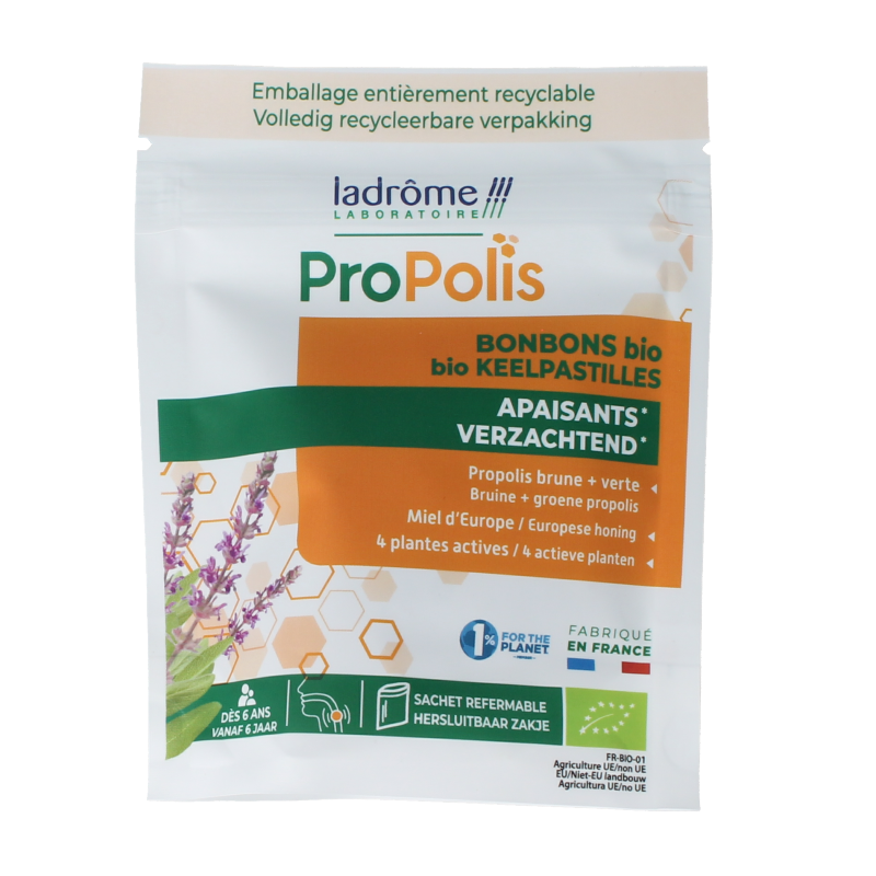 Ladrome Propolis keelpastilles bio in 50g package, herbal throat lozenges with natural ingredients, displayed in the image.