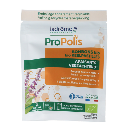 Ladrome Propolis keelpastilles bio in 50g package, herbal throat lozenges with natural ingredients, displayed in the image.