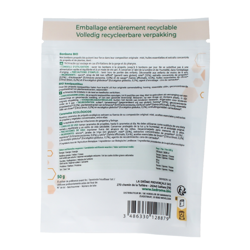 Ladrome Propolis keelpastilles bio in 50g package, herbal throat lozenges with natural propolis for soothing relief.