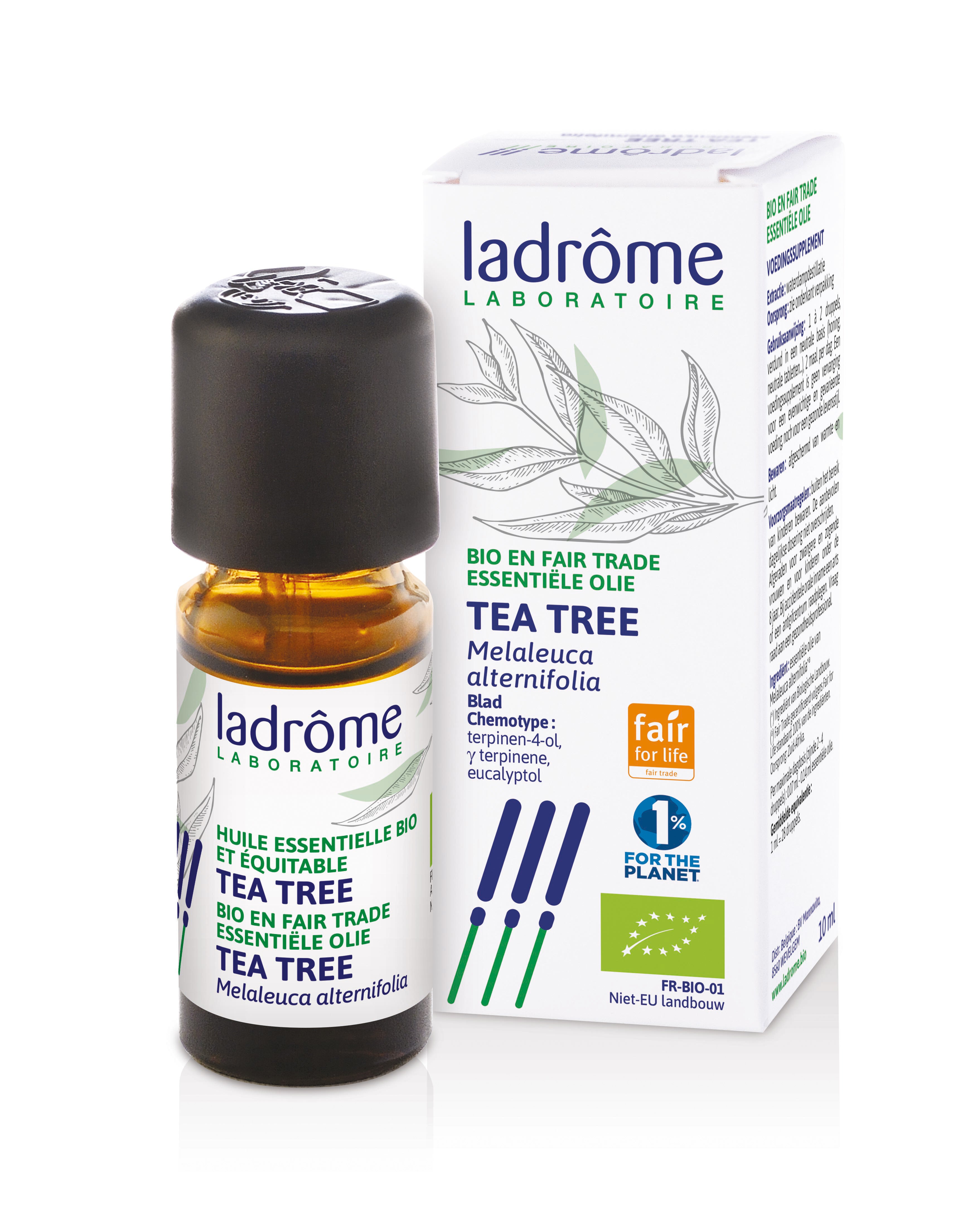 Ladrome Tea Tree essential oil bottle, 10ml of Melaleuca alternifolia in amber glass with dropper cap.