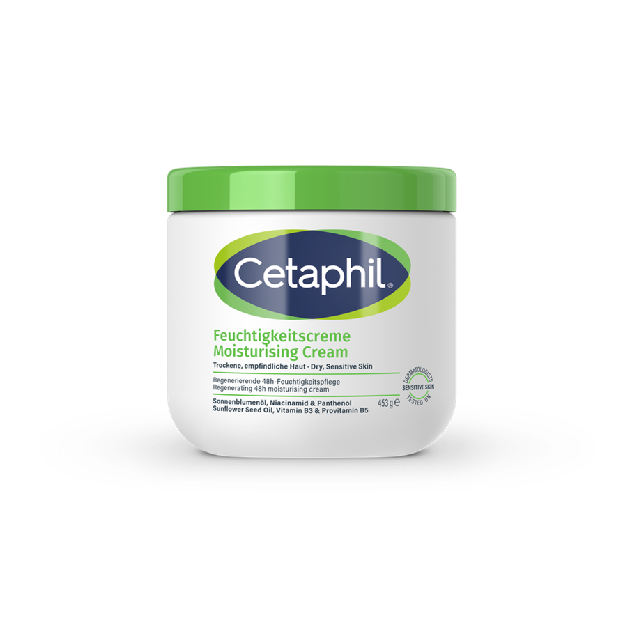 Cetaphil hydraterende crème in 453g tub, a moisturizing skincare product for external use, with a smooth, creamy texture.