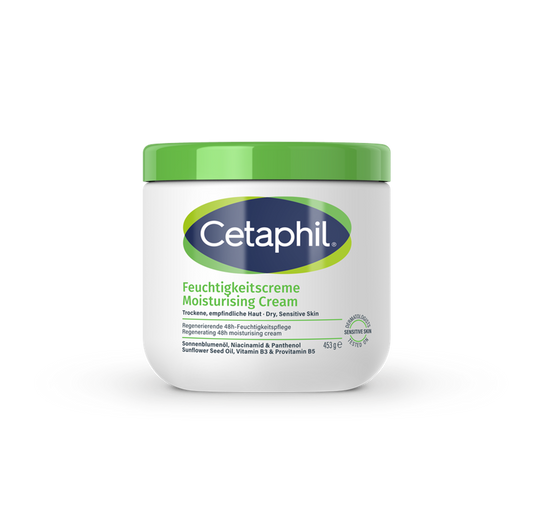 Cetaphil hydraterende crème in 453g tub, a moisturizing skincare product for external use, with a smooth, creamy texture.