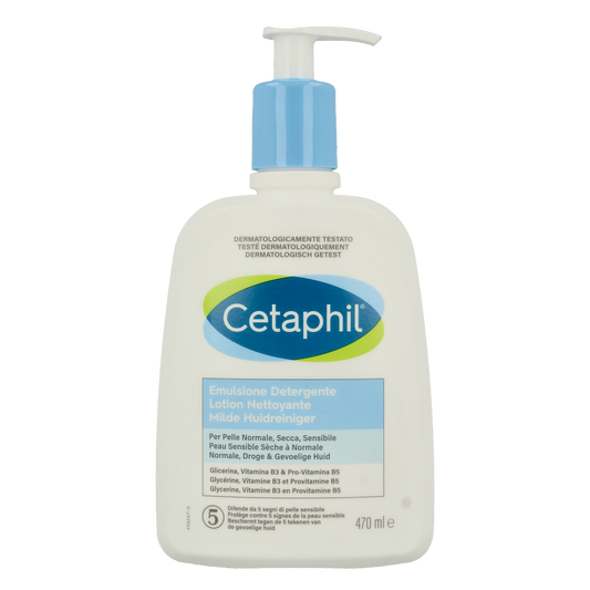 Cetaphil Milde huidreiniger body wash bottle, 470ml, gentle cleansing for sensitive skin, in white and blue packaging