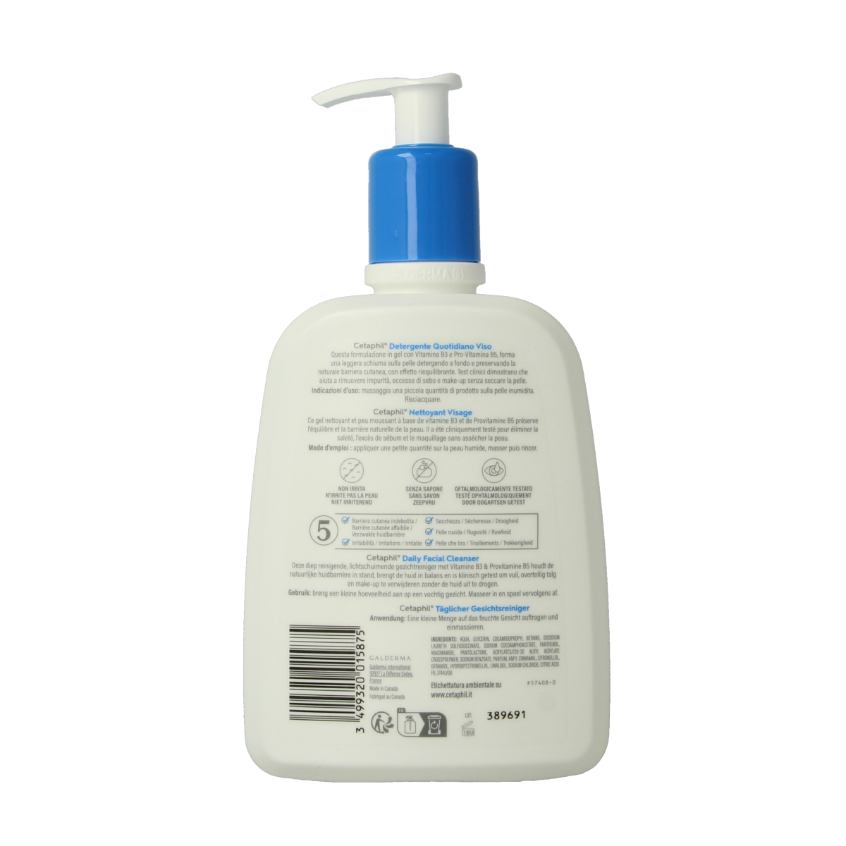Cetaphil Daily facial cleanser 470ml bottle, gentle skincare product for clean, refreshed skin in a clear plastic pump bottle.