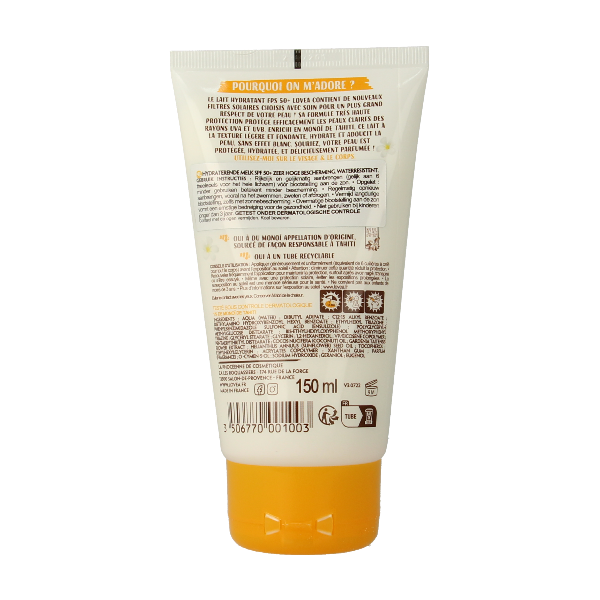Lovea moisturizing SPF50+ sun lotion in 150ml bottle, designed for sun protection and hydration.