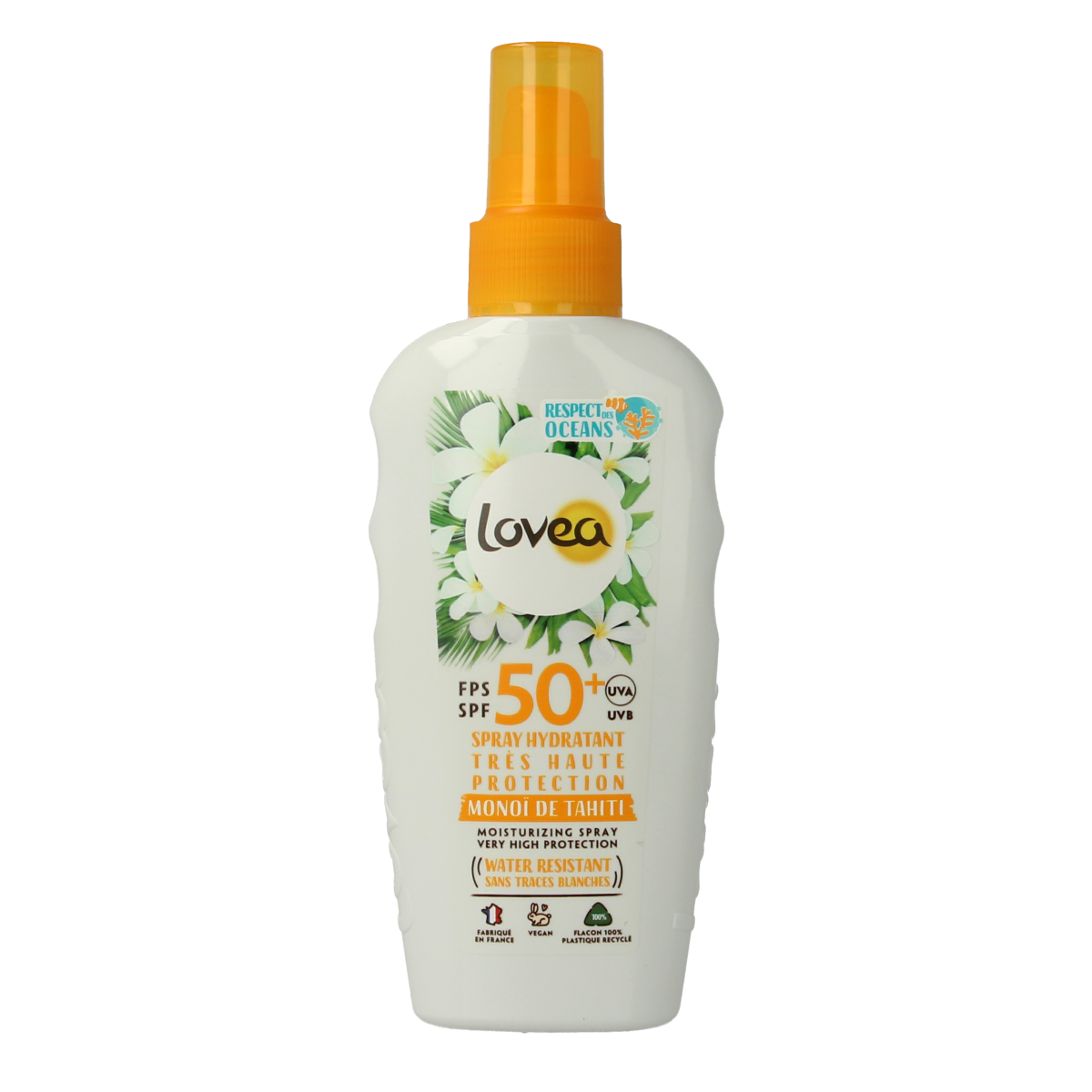 Lovea Moisturizing SPF50+ sun spray bottle, 150ml, with a spray nozzle, designed for effective sun protection and hydration.