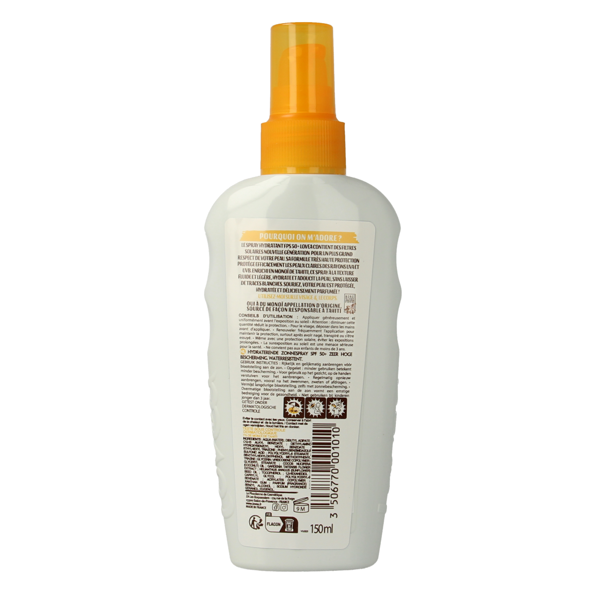Lovea moisturizing SPF50+ sun spray in a 150ml bottle, ideal for sun protection and hydration during outdoor activities.