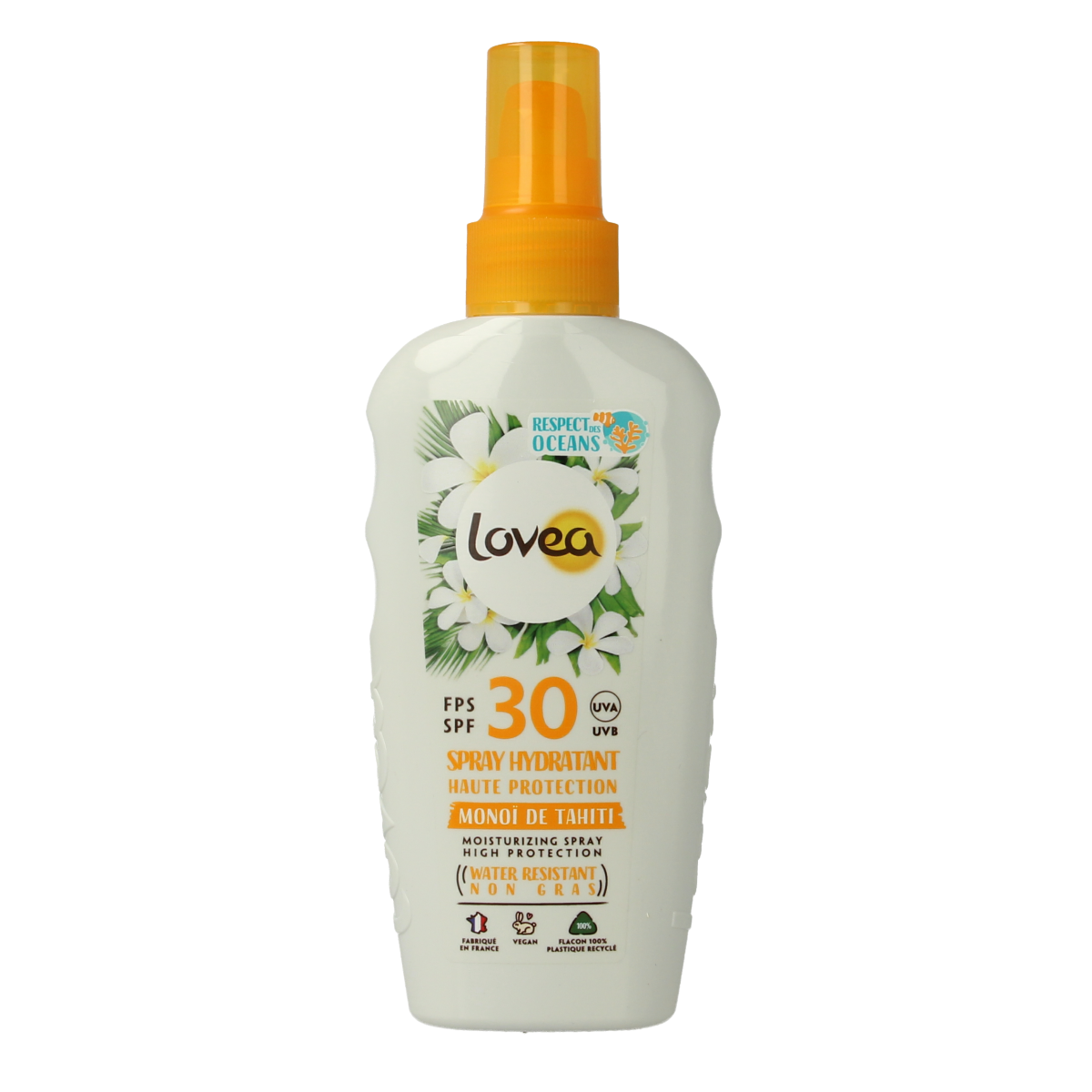 Lovea moisturizing SPF 30 sun spray in a 150ml bottle, designed to hydrate and protect skin from sun exposure.