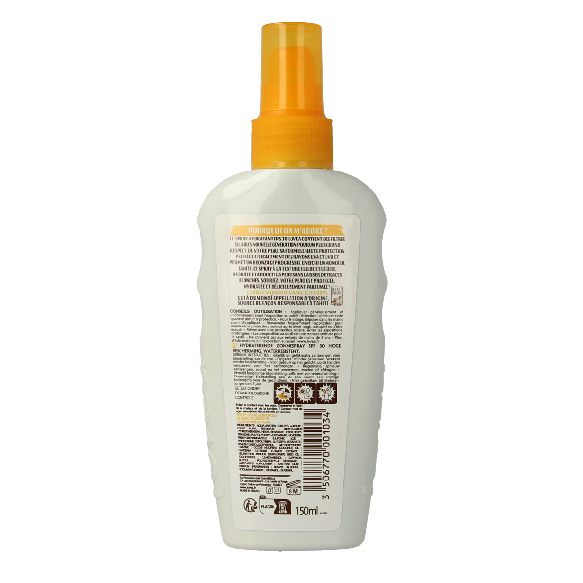 Lovea Moisturizing SPF30 sun spray in 150ml bottle, outdoors with sun rays, showing the product for sun protection and hydration.