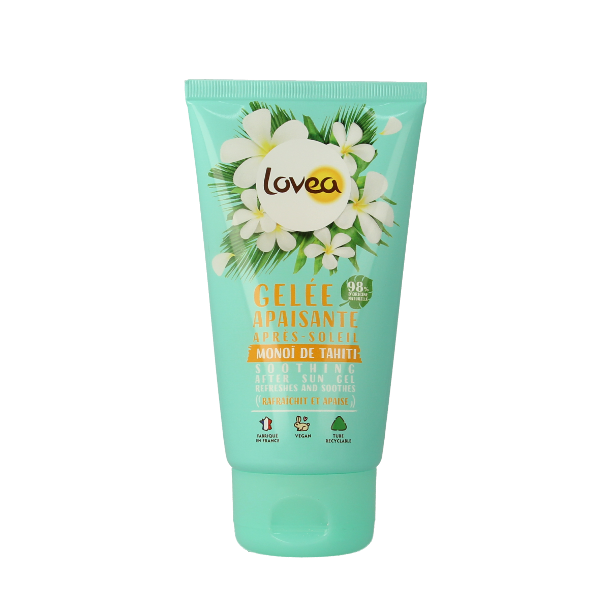 Lovea moisturizing aftersun gel in 150ml tube, cooling sun care product for soothing and hydrating skin after sun exposure