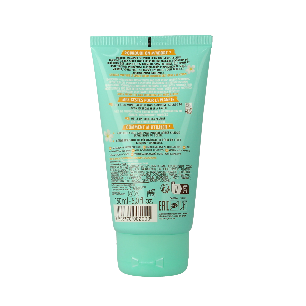 Lovea moisturizing aftersun gel in 150ml tube, cooling sun care product for skin soothing after sun exposure.