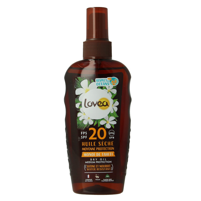 Lovea Dry Oil SPF 20 with Tahiti Monoi, medium protection, 150ml bottle, natural sun protection for skin.