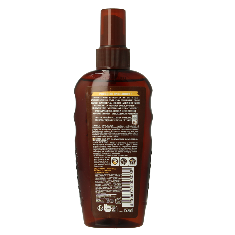 Lovea Dry Oil SPF20 with Tahiti Monoi, medium protection, 150ml bottle, featuring a spray nozzle and tropical packaging.