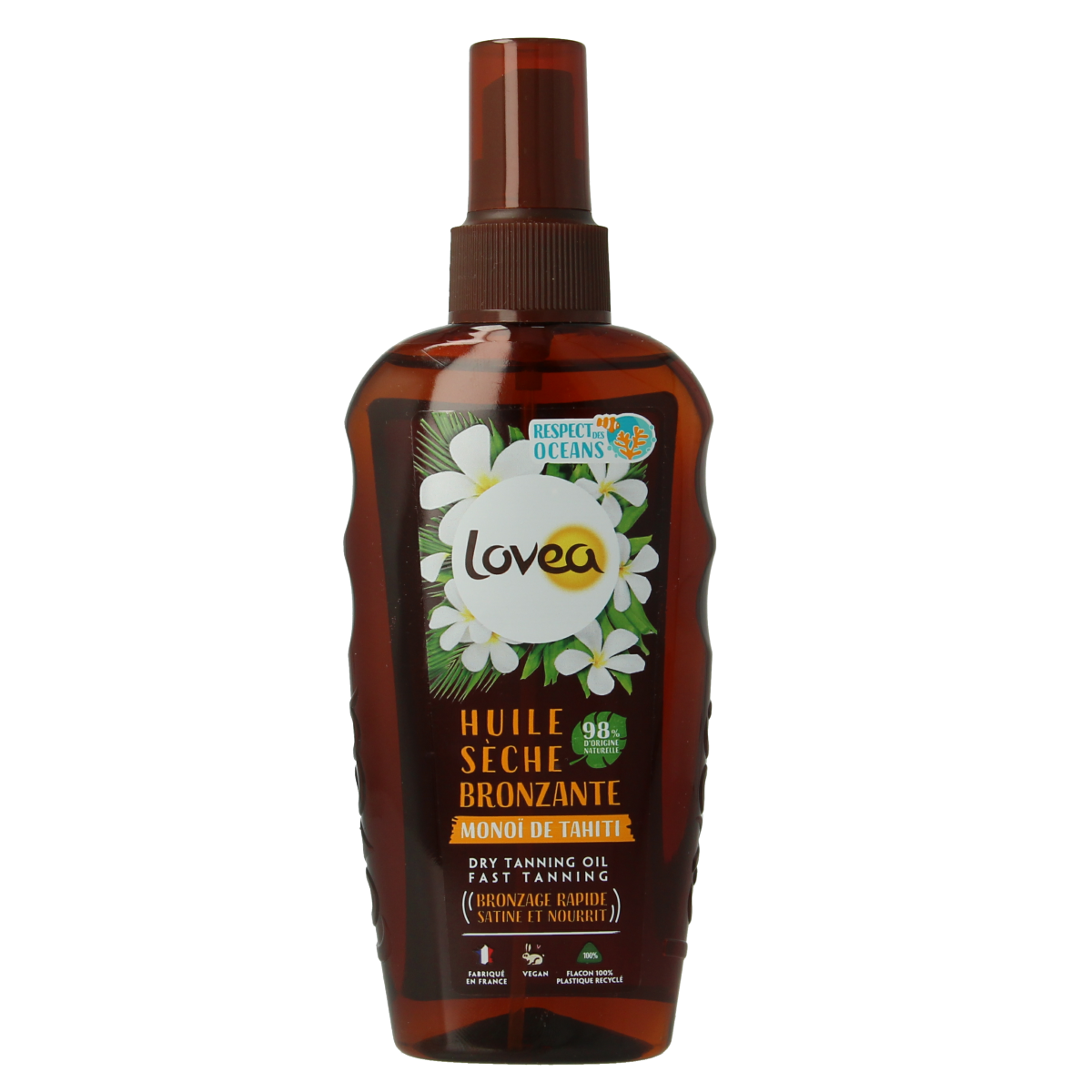 Lovea Tahiti Monoi dry tanning oil in 150ml bottle, featuring tropical fragrance and moisturizing properties for sun-kissed skin.