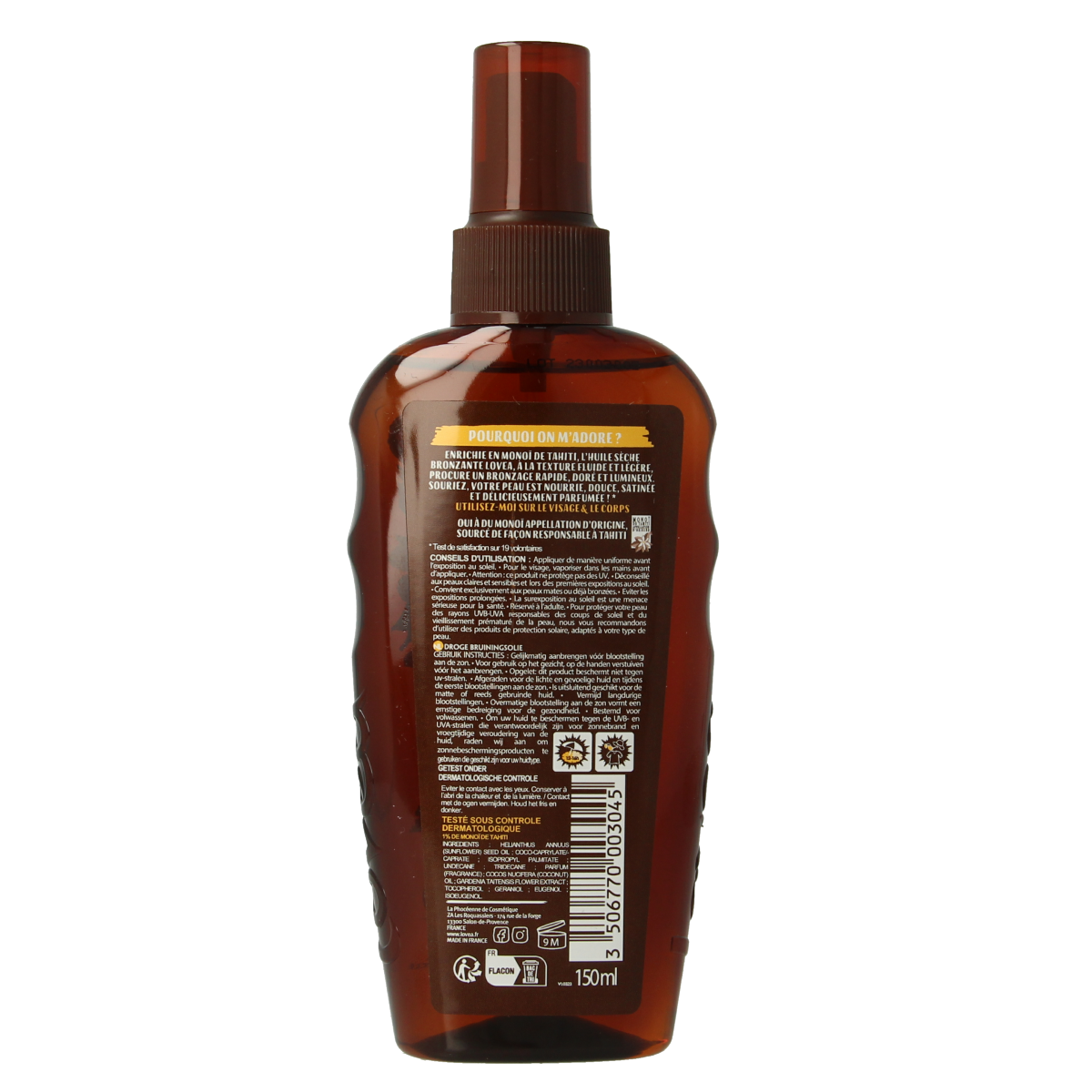 Lovea Tahiti Monoi dry tanning oil in a 150ml bottle, featuring tropical Monoi for sun tanning and skin hydration.