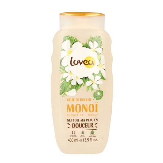 Lovea Monoi shower gel in 400ml bottle, moisturizing bad en douche with floral scent and tropical monoi fragrance.