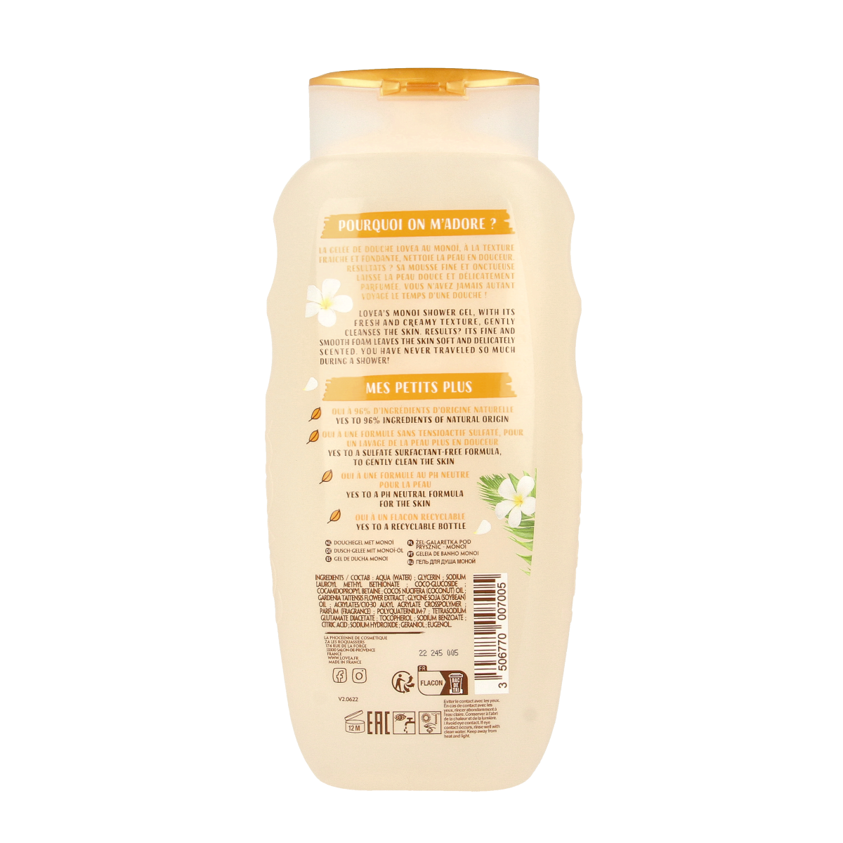 Lovea Monoi shower gel in 400ml bottle, moisturizing bad en douche with floral Monoi scent and nourishing formula.
