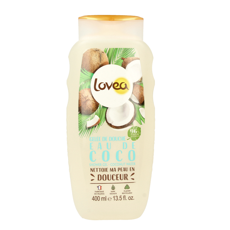 Lovea coconut water shower gel in 400ml bottle, natural body wash with hydrating coconut water, for refreshing bath and shower.