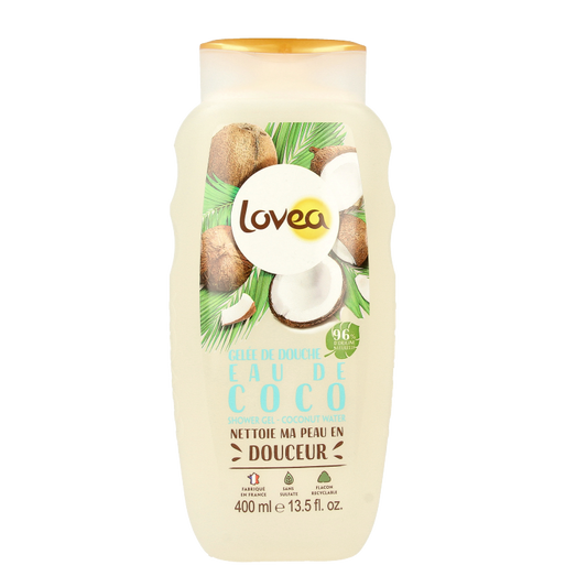 Lovea coconut water shower gel in 400ml bottle, natural body wash with hydrating coconut water, for refreshing bath and shower.