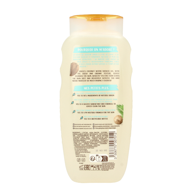 Lovea coconut water shower gel bottle, 400ml, with a tropical coconut water scent and moisturizing formula.