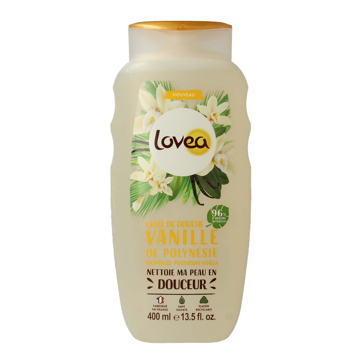 Lovea vanilla shower gel in a 400ml bottle, moisturizing bad en douche product with vanilla scent.