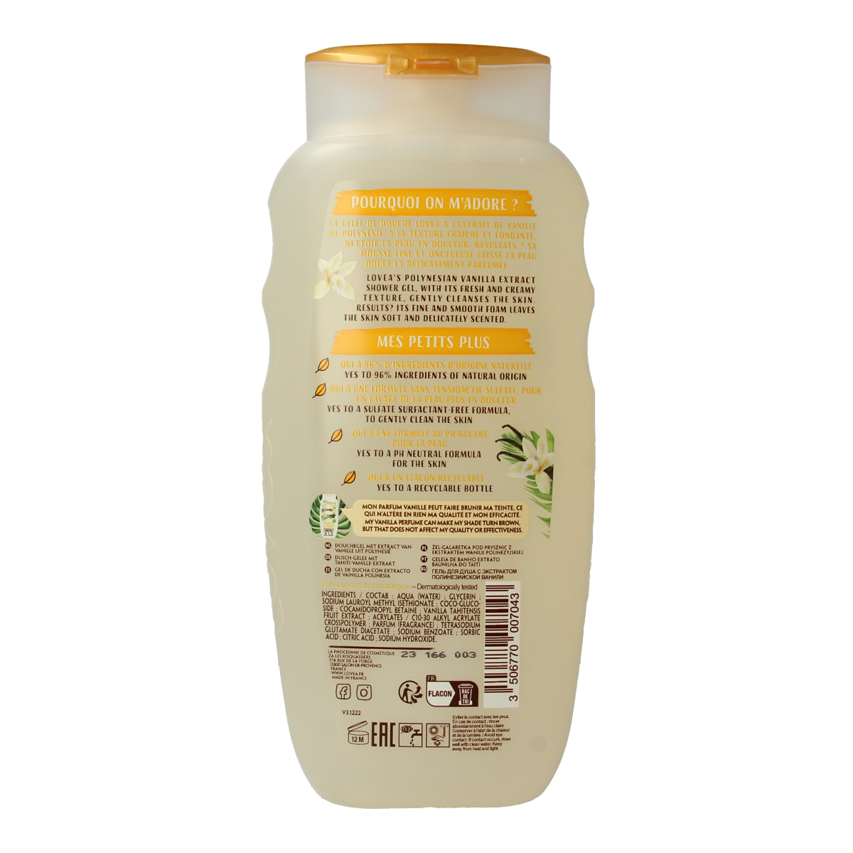Lovea Vanilla shower gel in a 400ml bottle, featuring a smooth, creamy texture and vanilla scent for daily cleansing.