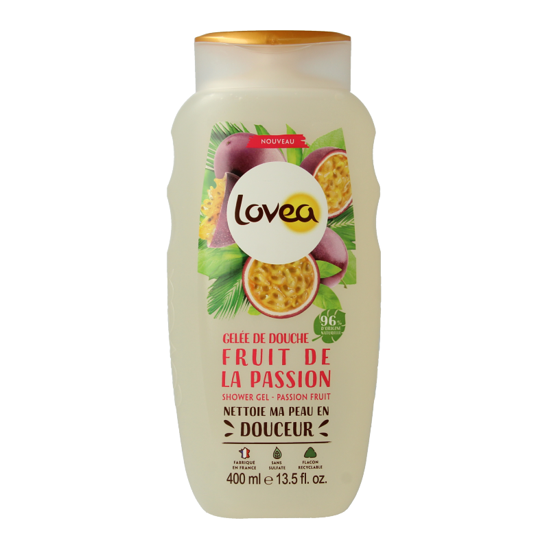 Lovea Passion Fruit Shower Gel in 400ml bottle, featuring a vibrant passion fruit scent and refreshing shower experience.