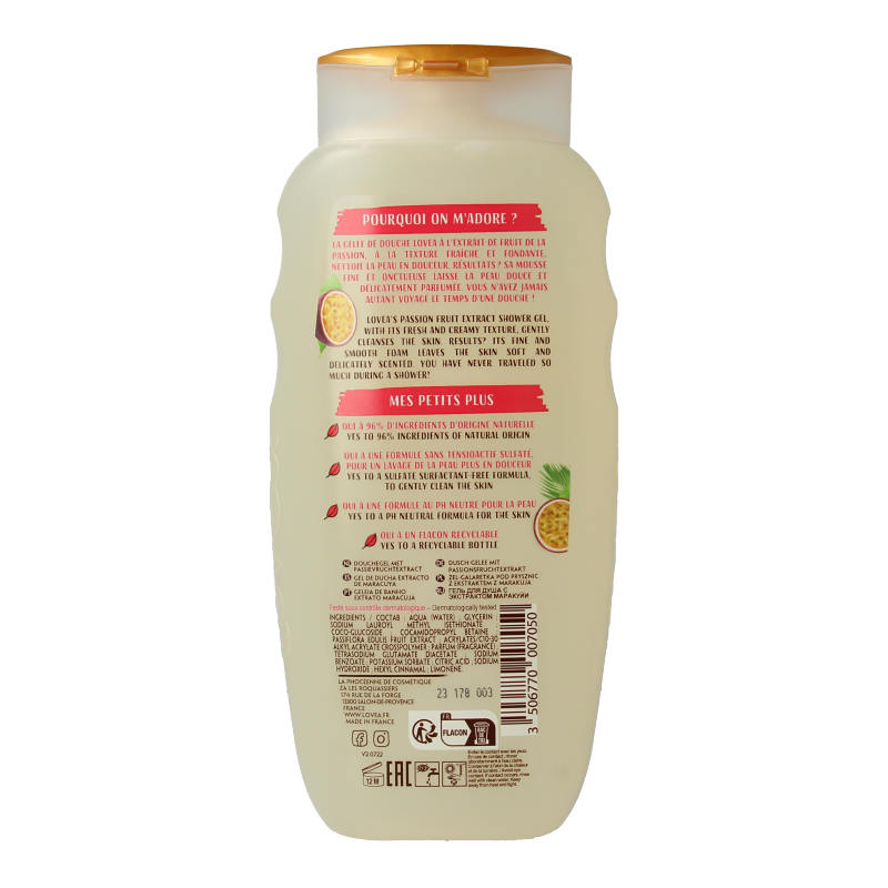 Lovea Passion Fruit Shower Gel 400ml, bottle with colorful label, fresh passion fruit scent, for daily body cleansing.