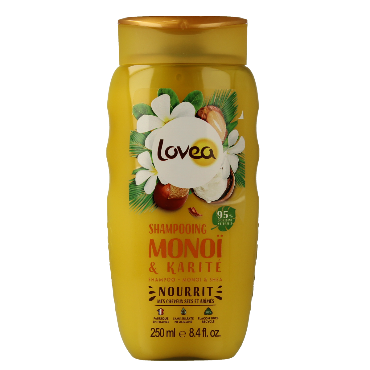 Lovea Monoi & Shea Oil Shampoo for hair care, 250ml bottle with natural ingredients and nourishing formula.