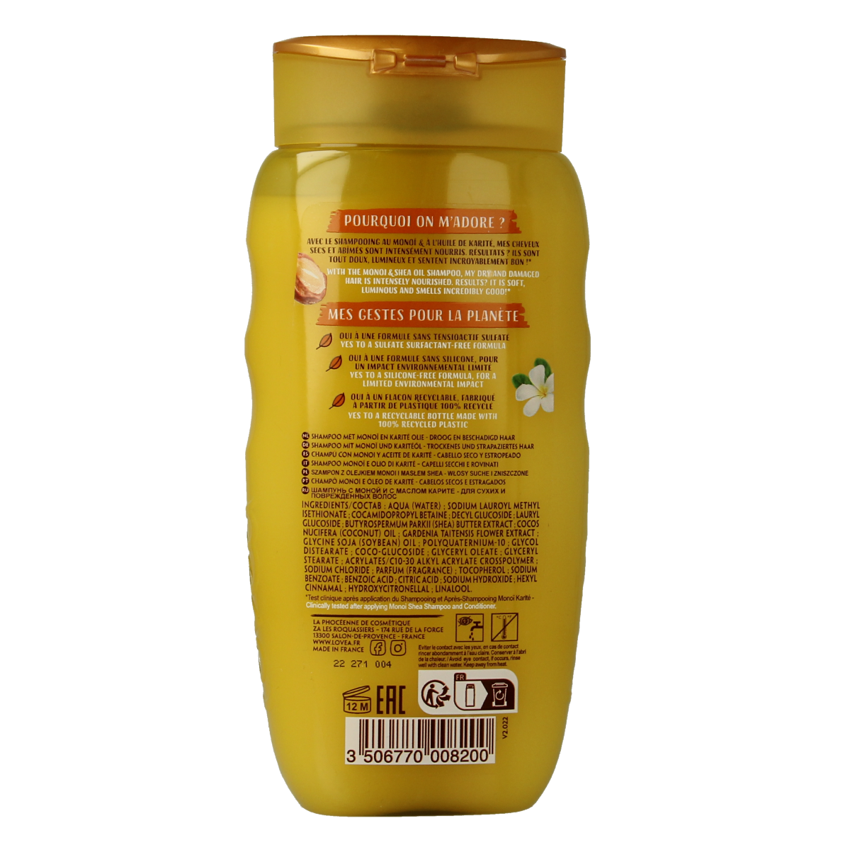 Lovea Monoi & Shea Oil Shampoo for hair care, 250ml bottle with natural ingredients and nourishing formula.