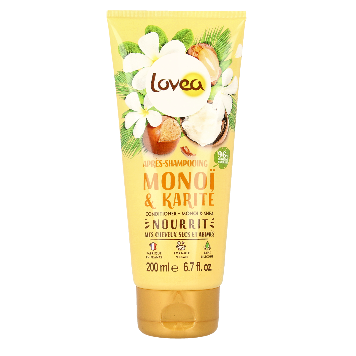 Lovea Monoi & Shea conditioner for hair care, 200ml bottle with natural ingredients and nourishing formula.