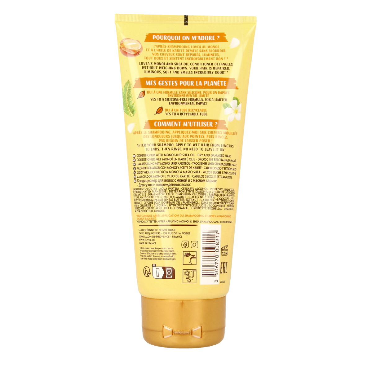 Lovea Monoi & Shea conditioner for hair care, 200ml bottle with natural ingredients and nourishing formula.