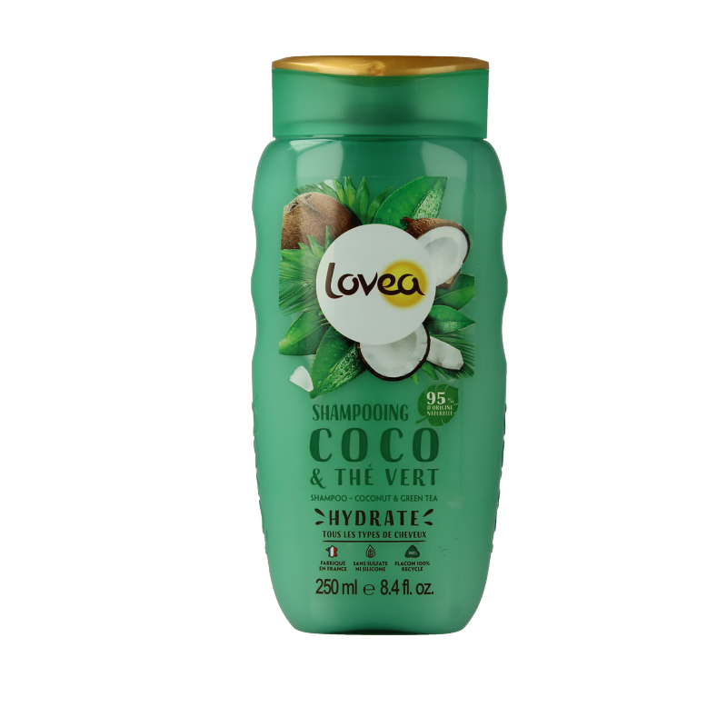 Lovea coco and green tea shampoo bottle for hair care, 250ml, with natural ingredients and eco-friendly packaging.
