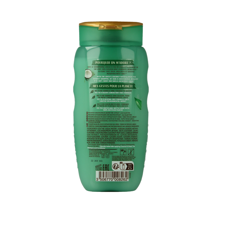 Lovea shampoo with coconut and green tea in 250ml bottle, natural hair care product for nourishing and cleansing hair.