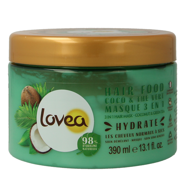 Lovea 3-in-1 hair mask with coconut and green tea, 390ml, nourishing hair care product in a white jar with green accents.