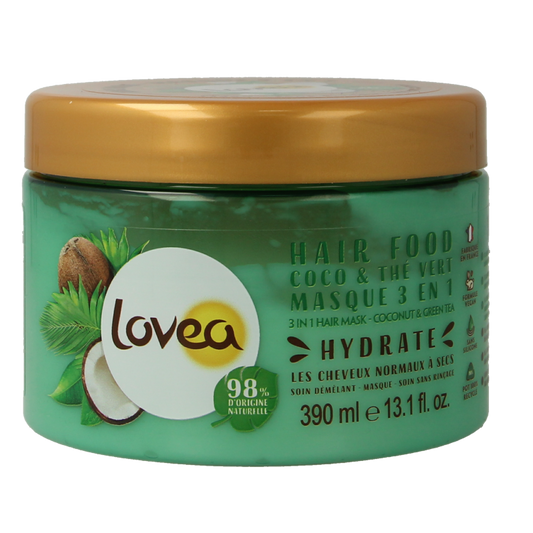 Lovea 3-in-1 hair mask with coconut and green tea, 390ml, nourishing hair care product in a white jar with green accents.