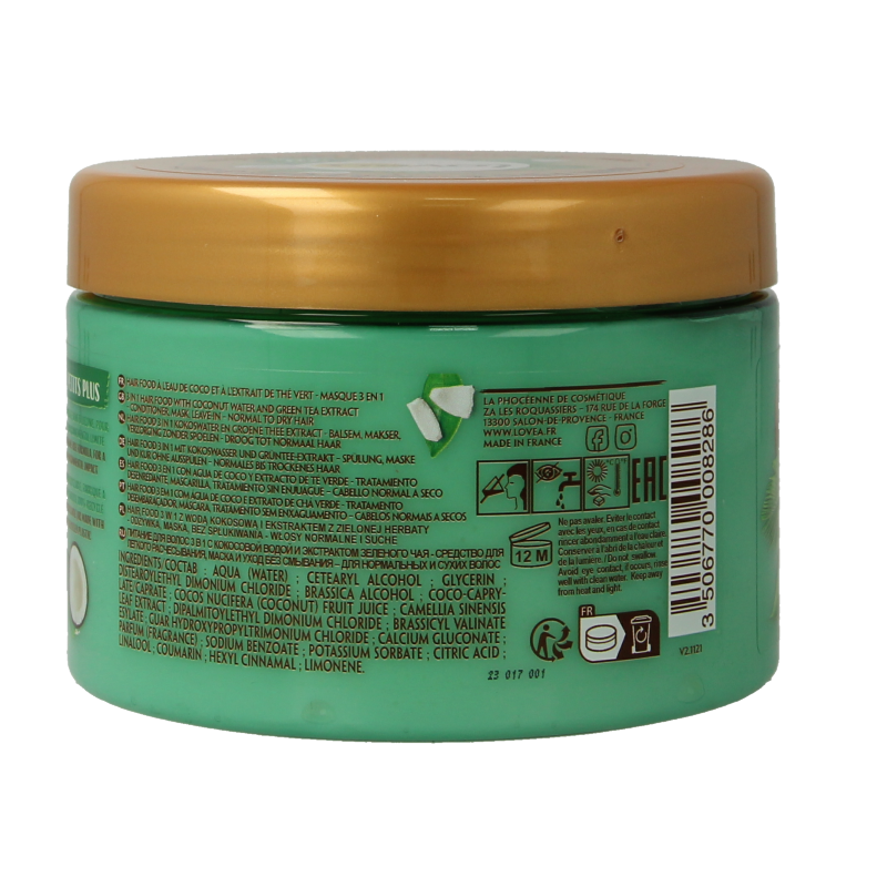 Lovea 3-in-1 hair mask with coconut and green tea in a 390ml jar, suitable for nourishing and repairing hair care.