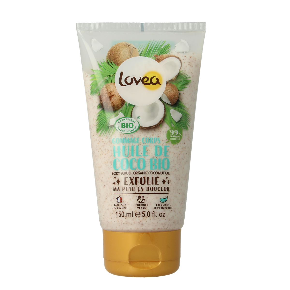 Lovea coconut oil bodyscrub for dry skin in 150ml jar, organic body care product with natural exfoliating ingredients.
