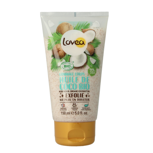 Lovea coconut oil bodyscrub for dry skin in 150ml jar, organic body care product with natural exfoliating ingredients.