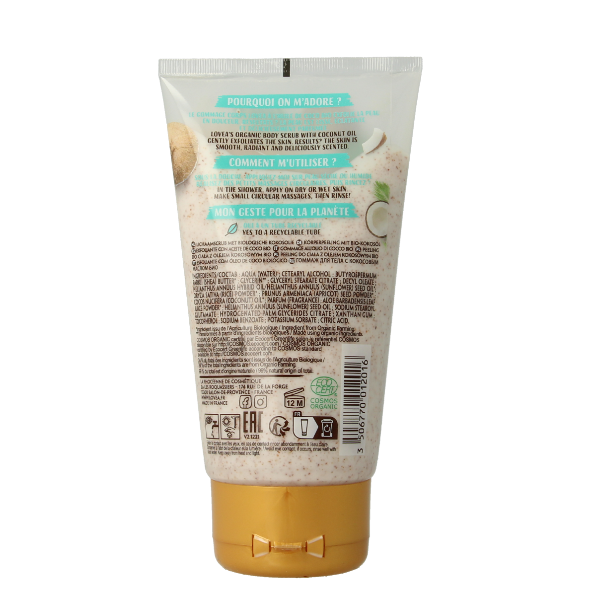 Lovea coconut oil bodyscrub for dry skin, organic body care product in 150ml container, natural and nourishing skincare.